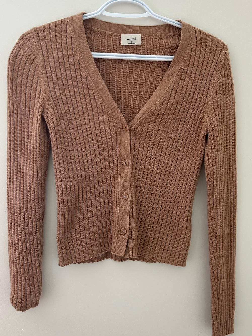 Wilfred - Manila Ribbed V-Neck Button Cardigan - Camel Brown - Size